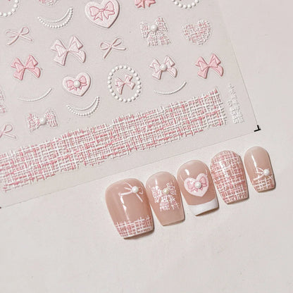 1pcs 5D Diamond Japanese White Lace Bow Nail Art Stickers Pearl Rhinestones Nail Decoration Adhesive Decals Slider DIY Accessory