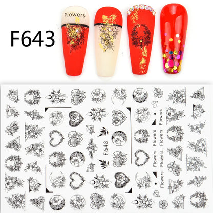 Black and White Love Flowers Line Art 3D Stickers Nail Decals Nail Art Accessories Butterfly Rose Nail Stickers Nail Sliders