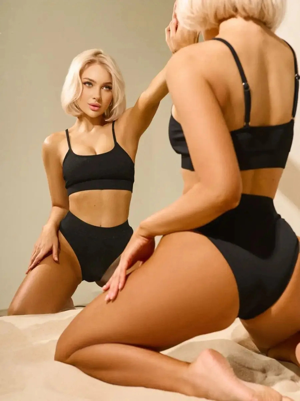 Cikini-Solid High Waist Bikinis Set for Women, Small Pit Stripe Swimsuit, Summer Beach Swimwear, Bathing Suit