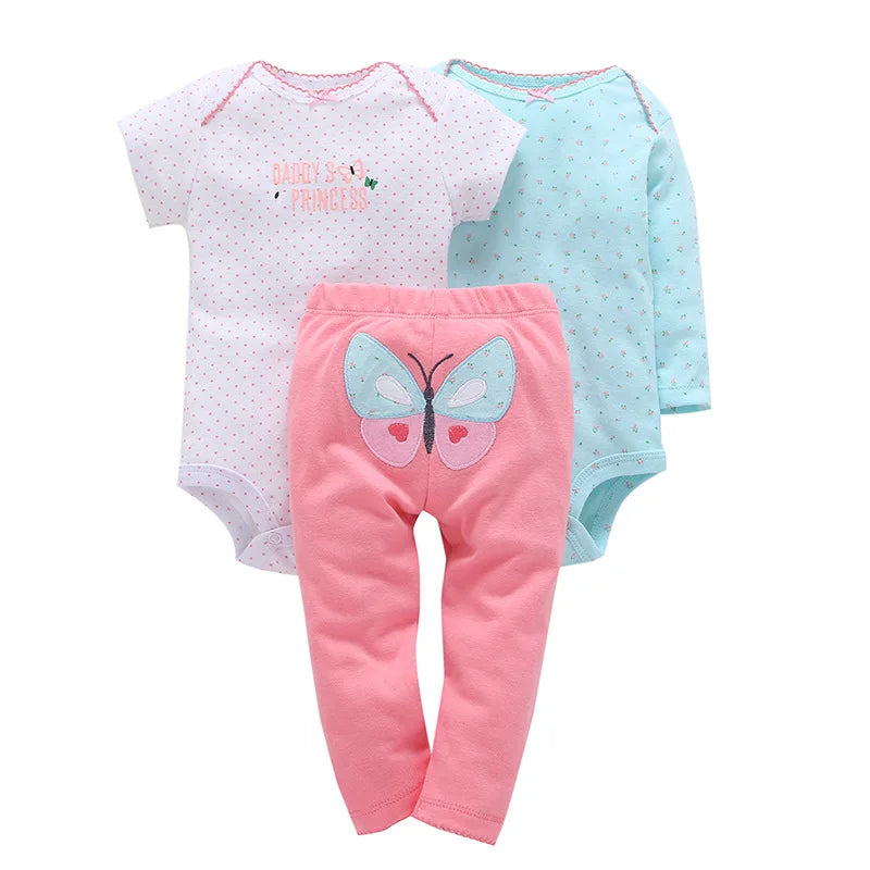 Lovely Baby Boy bodysuits 3Pcs/sets Long Sleeved Clothes PP Pant Cotton Infant Sporty Girl Short Sleeved Bodysuits