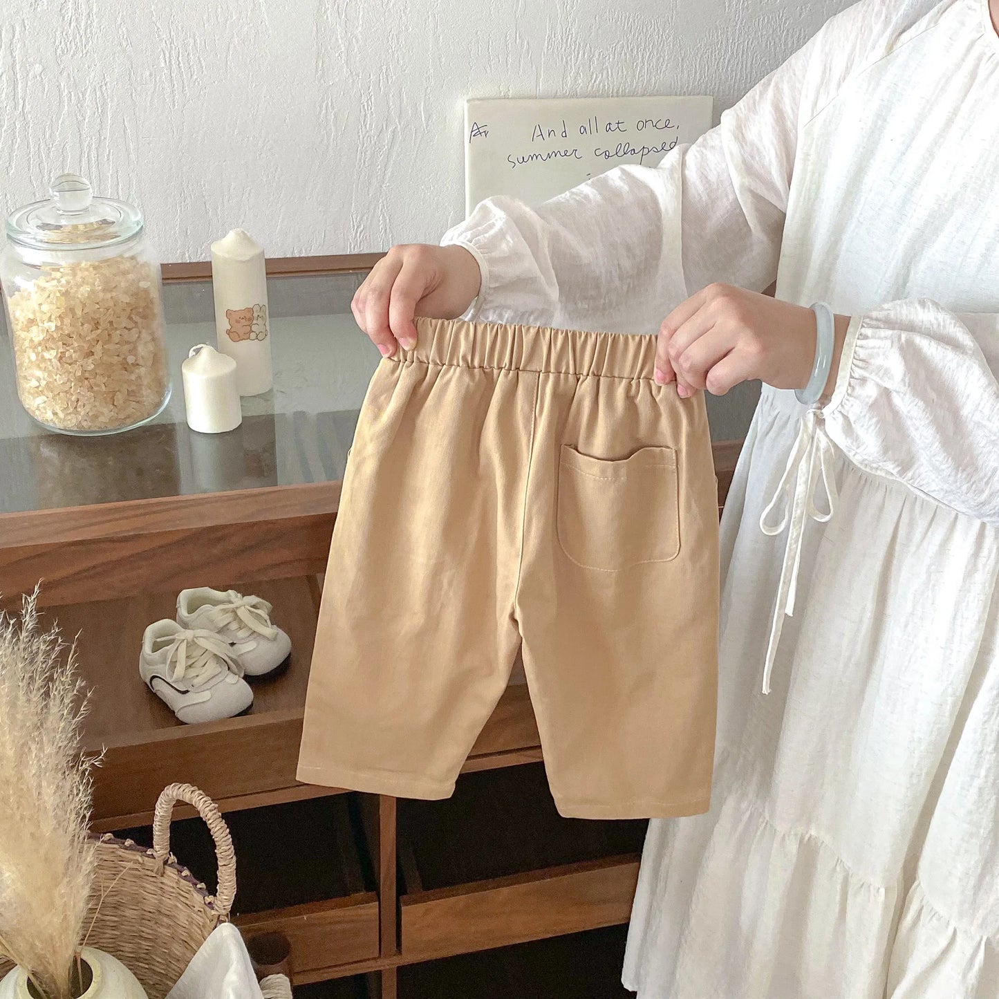 Toddler Girl Cotton Pleated Harem Pants 1-6Y Kids Boys Solid Color Casual Roll Up Trousers Comfy Elastic Waist Kids Bottoms