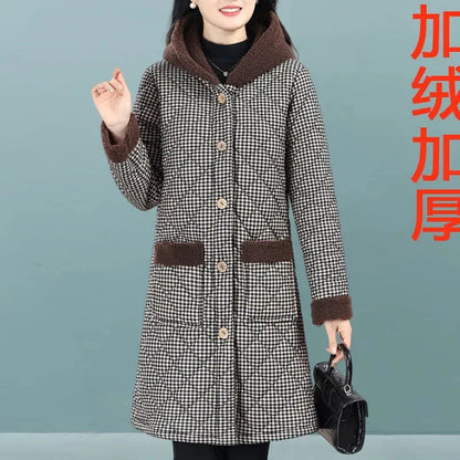 Winter Coat New Vintage Velvet And Thickening Single breasted Cotton Coat for Women Fit Cotton Clip Warm Long Parka Plaid Coat