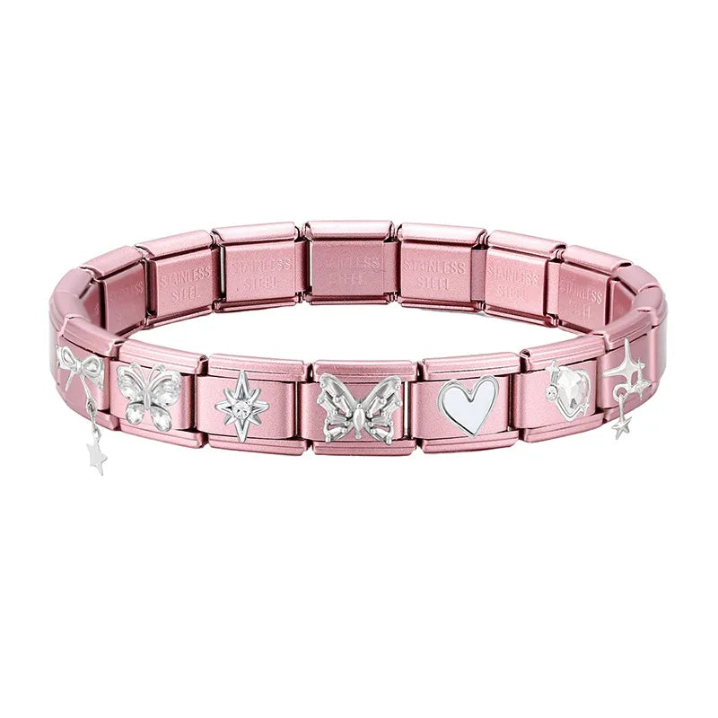 Pink Color Y2K Butterfly Star Bow Rabbit Heart Pendant Italian Charm Links Fit 9mm Stainless Steel Bracelet DIY Making Gifts