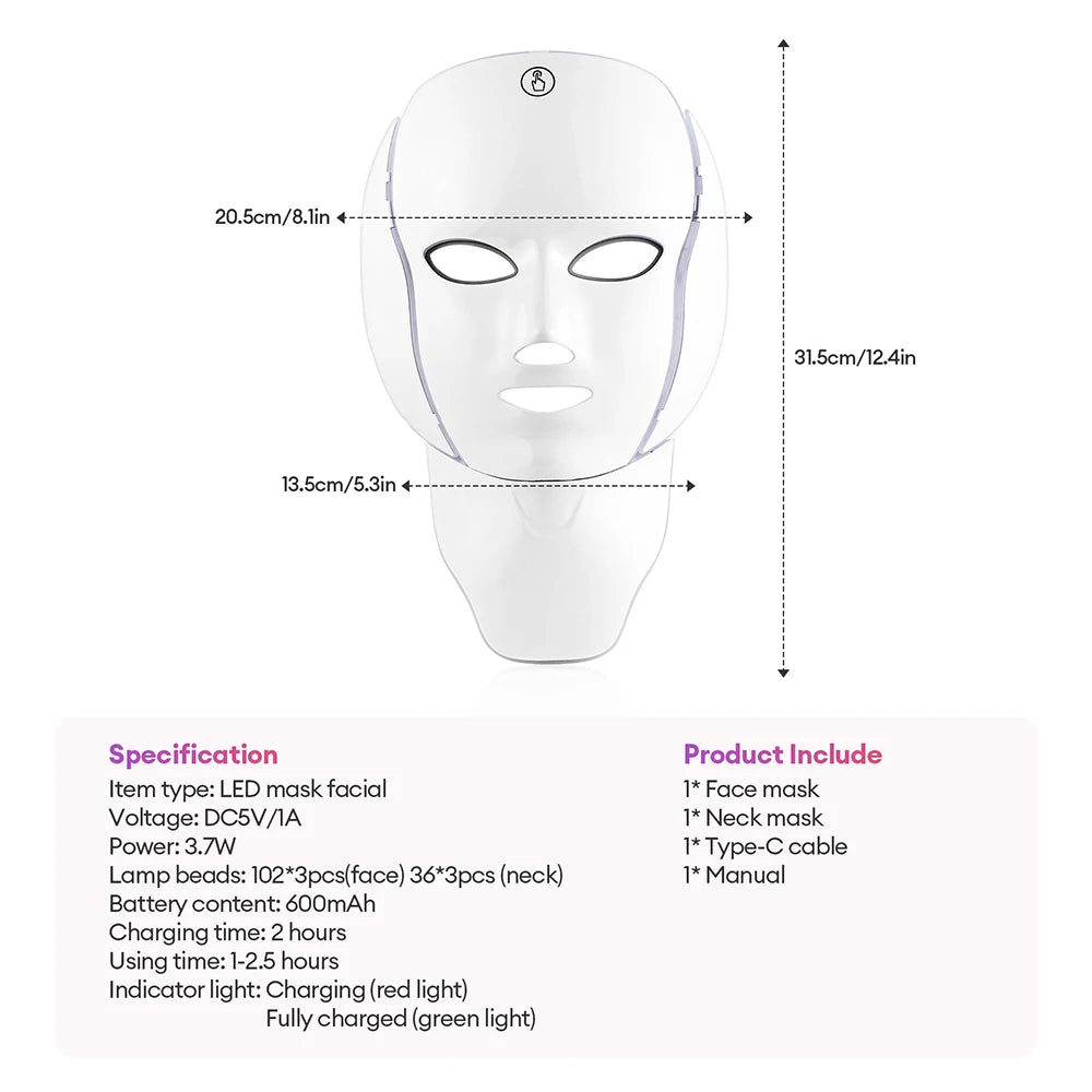LED Facial Mask with 7 Colors Light Wireless LED Face Mask Neck Care Beauty Mask Skin Care Machine