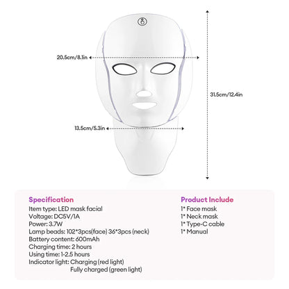 LED Facial Mask with 7 Colors Light Wireless LED Face Mask Neck Care Beauty Mask Skin Care Machine