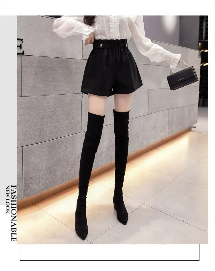 Black Woolen Shorts Women Chic Folds High Waist Design Loose Autumn Winter College Vintage Streetwear Lovely Female Classy Basic