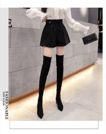 Black Woolen Shorts Women Chic Folds High Waist Design Loose Autumn Winter College Vintage Streetwear Lovely Female Classy Basic