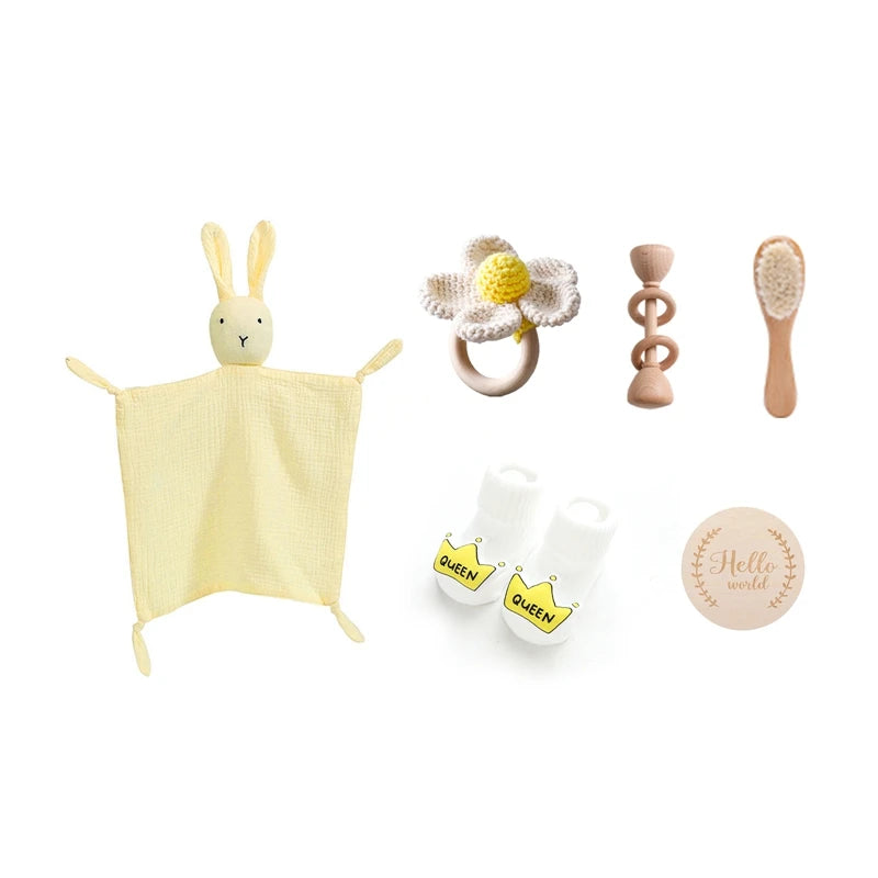 Newborn Baby Bath Set with Double Sided Cotton Blanket Face Saliva Towel Crochet Rattle Toy Wool Brush,Gift Box for Baby Shower