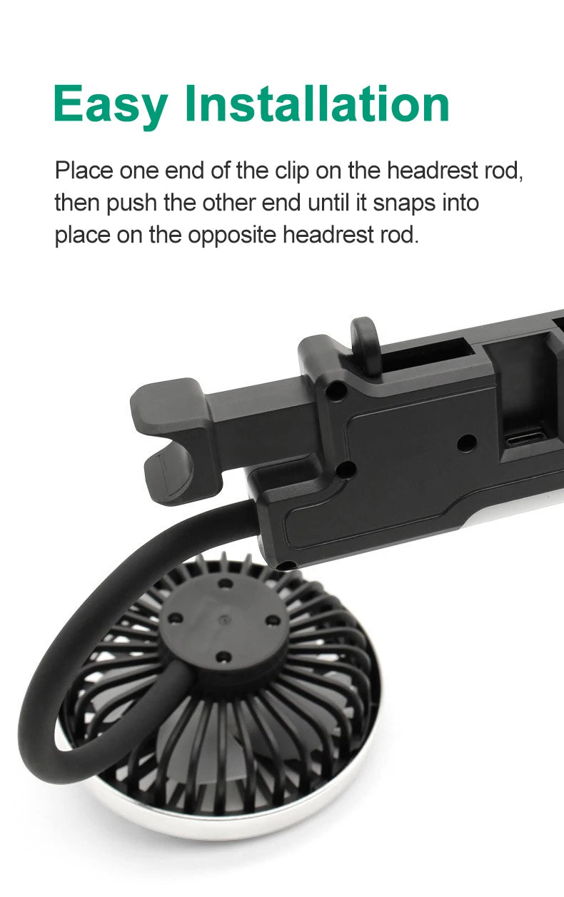 EAFC 3-speed Car Seat Back Cooling Fan USB Charge Dual Head Fan LED Lighting 360 Degree Rotation Neck Cooler for Home Use Travel