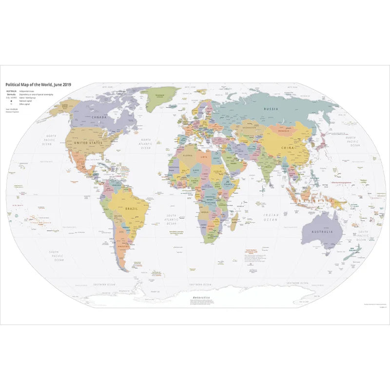 English Map Series-World Map-2019,Decorative Hanging Picture Decor Frameless,Geographical,Tourism/education Tools