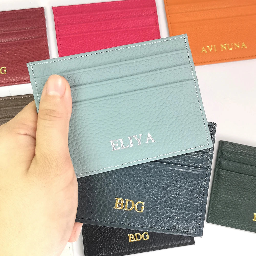 Custom Company Logo Cowhide Card Holder Woman Man Fashion Slim Mini Card Bag Genuine Leather Engrave Name Luxury Casual Purse