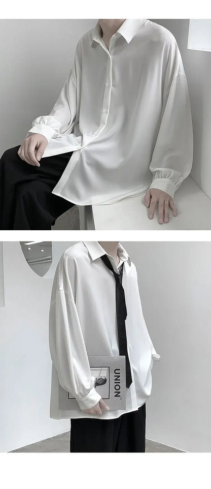 Korean Style Men's Long-sleeved Shirts Black Tie Cozy Casual Solid Oversize Blouses Breathable Loose Shirt Harajuku Male Clothes