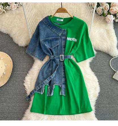 Retro Hong Kong Sle Chic Casual Mid-Length round Ne Patchwork Color Denim irt with Belt Spring New Women's Faion Top