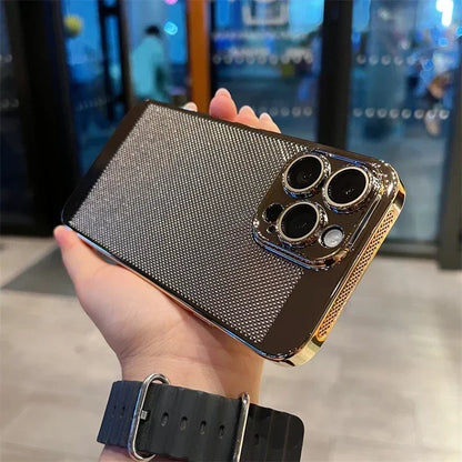 Luxury Plating Hollowed Out Case for iPhone 17 Pro 16 15 14 Pro Max Plus 13 12 Mini 11 17Air Heat Dissipation Shockproof Cover
