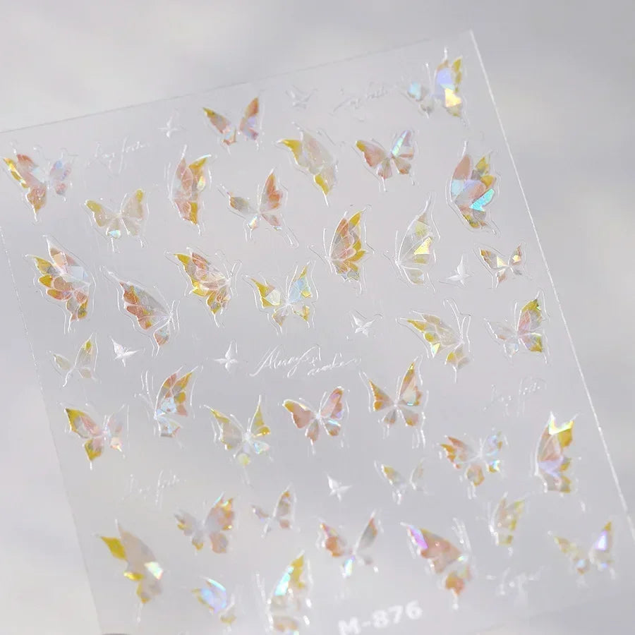 Shiny Jelly Butterfly Charming Golden Gradient Bowknot 5D Self Adhesive Nail Art Sticker Flower Petal Rhinestone Manicure Decals