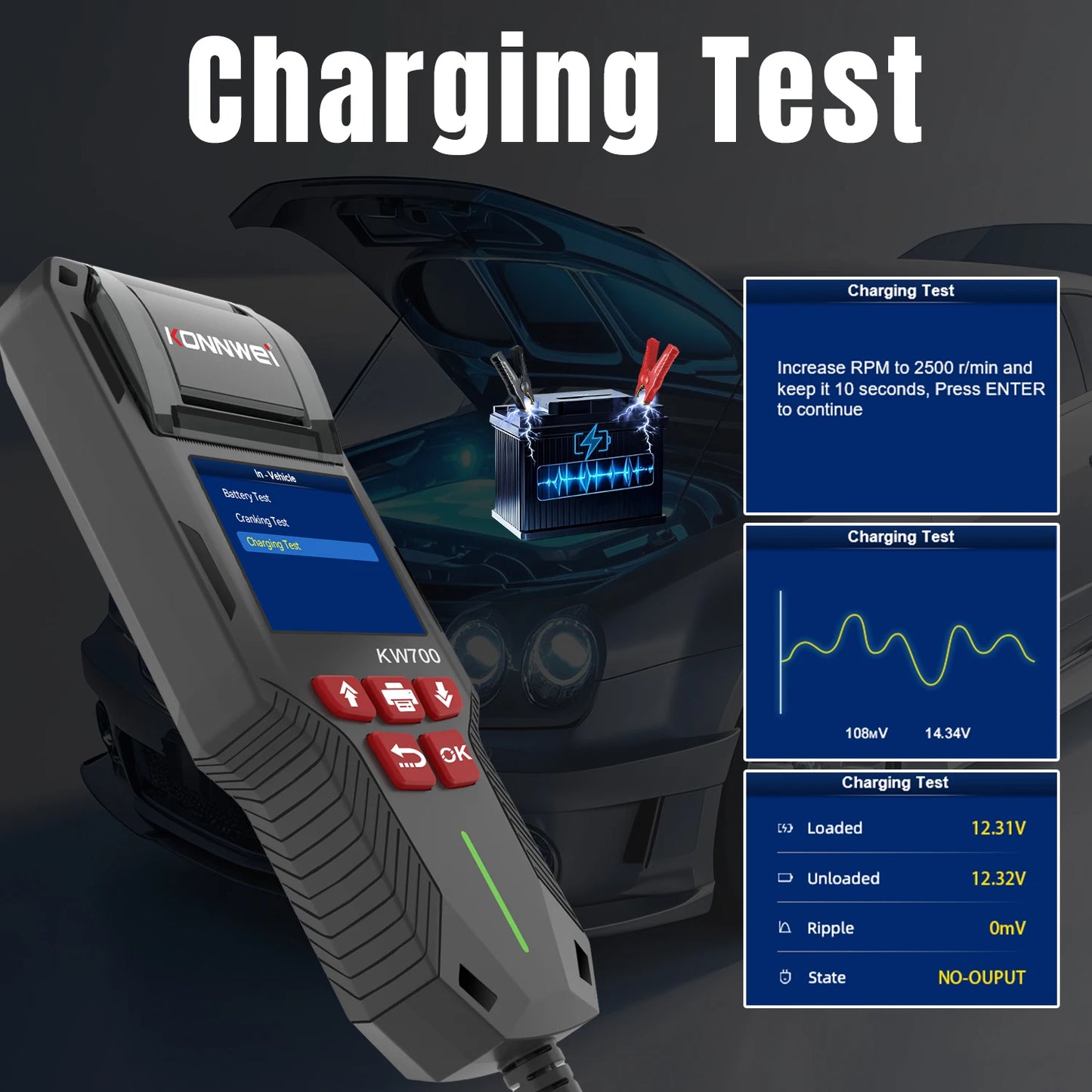 KONNWEI KW700 12/24V Car Truck Battery Tester 10-2000CCA With Printer Cranking Charging Test Tool Battery Analyzer Cranking Test