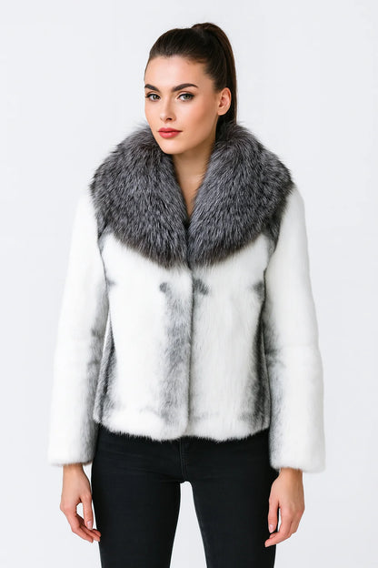 Women Real Rabbit Fur Coat High Collar Winter Jacket Make of One Rabbit Fur Cross Mink Pattern
