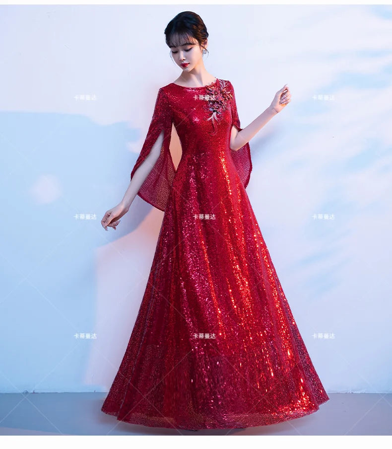 Wine Red Bride's Toast Dress, Women's 2025 New Style Spring Wedding and Engagement Dress, Sequined, Elegant and Grand Evening Dr