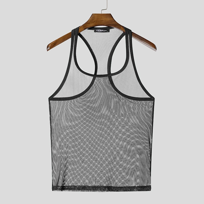 INCERUN Tops American Style Fashion Men Thin Perspective Mesh Vests Sexy Casual Streetwear Male Personality Sleeveless Tank Tops