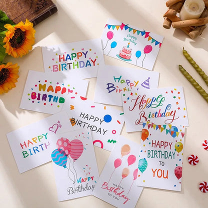10Sets Happy Birthday Gift Cards Balloon Cartoon Assorted Greeting Card with Envelope and Sticker Birthday Party Invitation Card