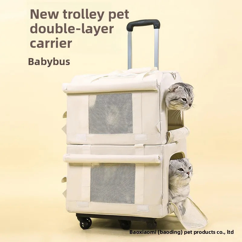 Pet Trolley Case Oxford Double-Decker Pet Travel Bag Luggage Cat Carrier Outings Portable Large-Capacity Breathable 7kg Two Cats