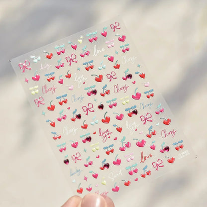 5D Pudding Jelly Dessert Fruit Cherry Pink Claw Print Bowknot Tie knot Love Heart Stars Nail Art Sticker Adhesive Manicure Decal