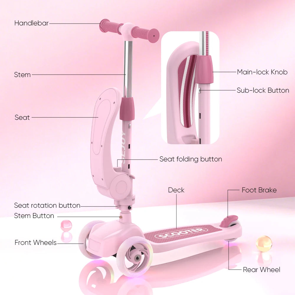 Sejoy Kick Scooter for Kids with 3-Wheeled Adjustable Lean-to-Steer Handlebar Foldable Seat - Sit or Stand Ride with Brake