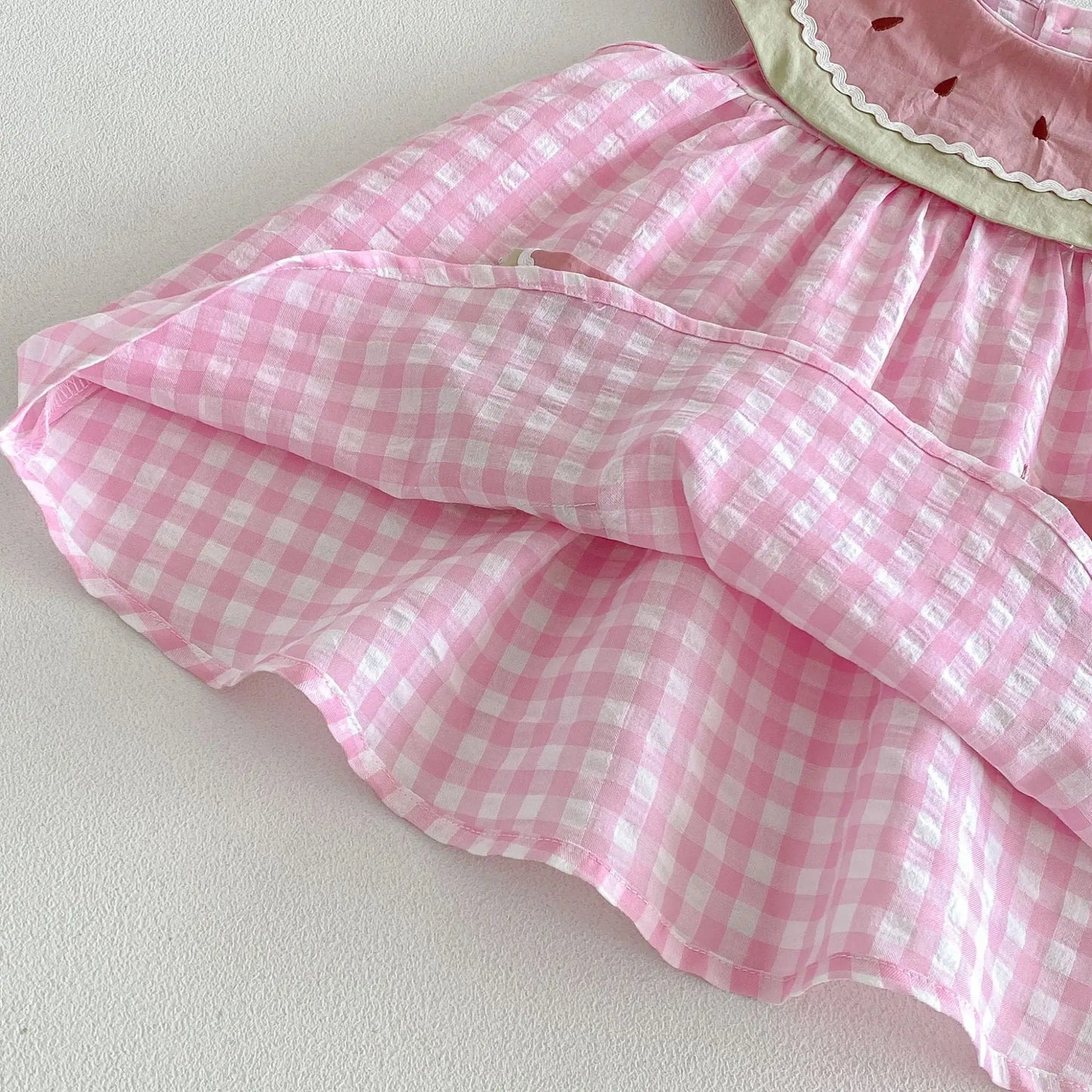 2026 Summer Childrens Clothes Watermelon Collar Baby Bodysuit with Patch Pockets Pink-white Check Girls Dress