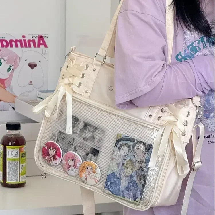 College Style Crossbody Bag with Ribbon Large Capacity for Class Book Carrying Mailman Bag Girls Bow JK Shoulder Ita Bag Handbag