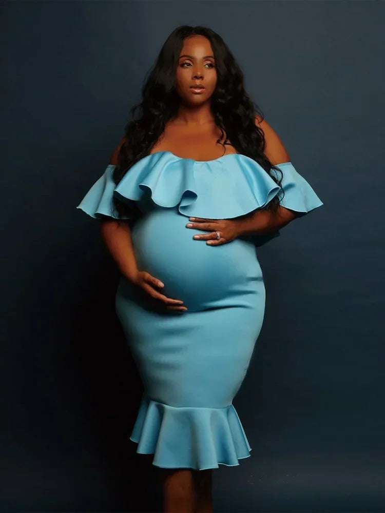 Maternity's Women Clothes Pregnancy Dresses Evening Solid Ruffles Off The Shoulder Maternity Dress Photography Summer Clothing