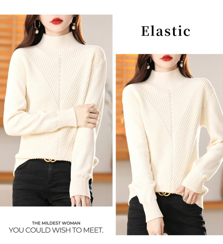Women 100% Cotton Knit Sweater Half-high Collar Stripe Pullover Autumn Winter Thickened Bottoming Clothing Casual Knitted Tops
