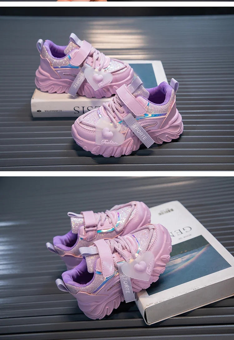 Girls Sports Shoes Kids Running Sneakers for School Fashion Cute Shiny Non-slip Children's Casual Shoes with Heart Spring Autumn