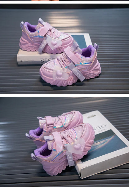 Girls Sports Shoes Kids Running Sneakers for School Fashion Cute Shiny Non-slip Children's Casual Shoes with Heart Spring Autumn