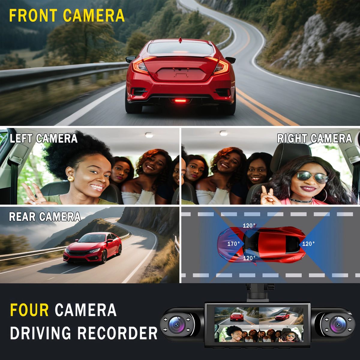 4 Channel Dash Cam 360° Car Video Recorder Black Box with Night Vision 24/7 Parking Monitor G-Sensor Loop Recording Auto Parts