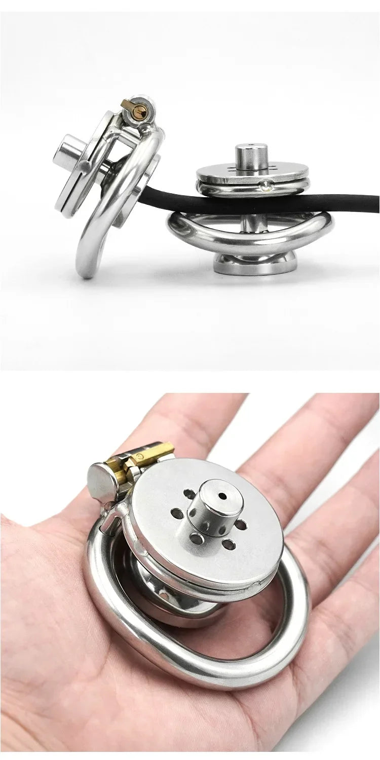 Urethral Inverted Negative Male Chastity Lock Flat Cock Cage with Metal Urethral Catheter for Couple Men Penis Ring Bondage BDSM