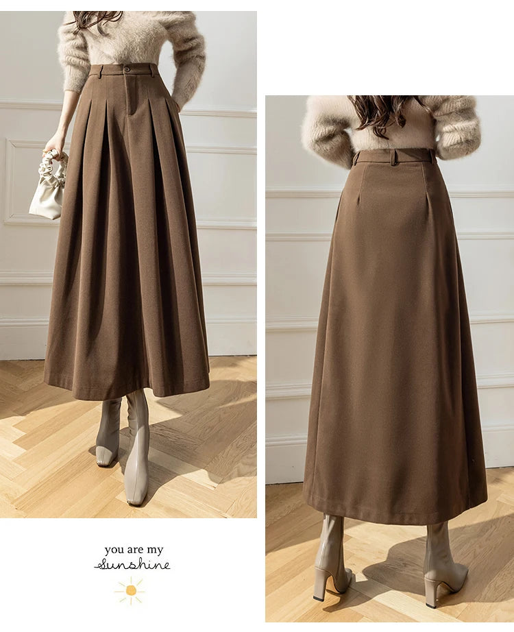 Vintage Winter Woolen Long Skirts For Women Streetwear High Waist Pleated Maxi Skirt Big Swing Folds A-Line Jupe Longues Femme