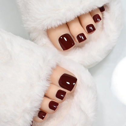 1Sheet=22Tips Glossy Red Toe Nail Stickers Full Cover Solid Color Press On Toenails Patch UV Baking Free Foot Gel Polish Wraps #
