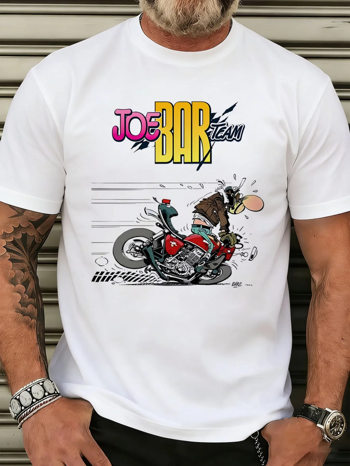 White T Shirt Joe Bar Team Motorcycle Cartoon Print for Men Casual Streetwear Fashion