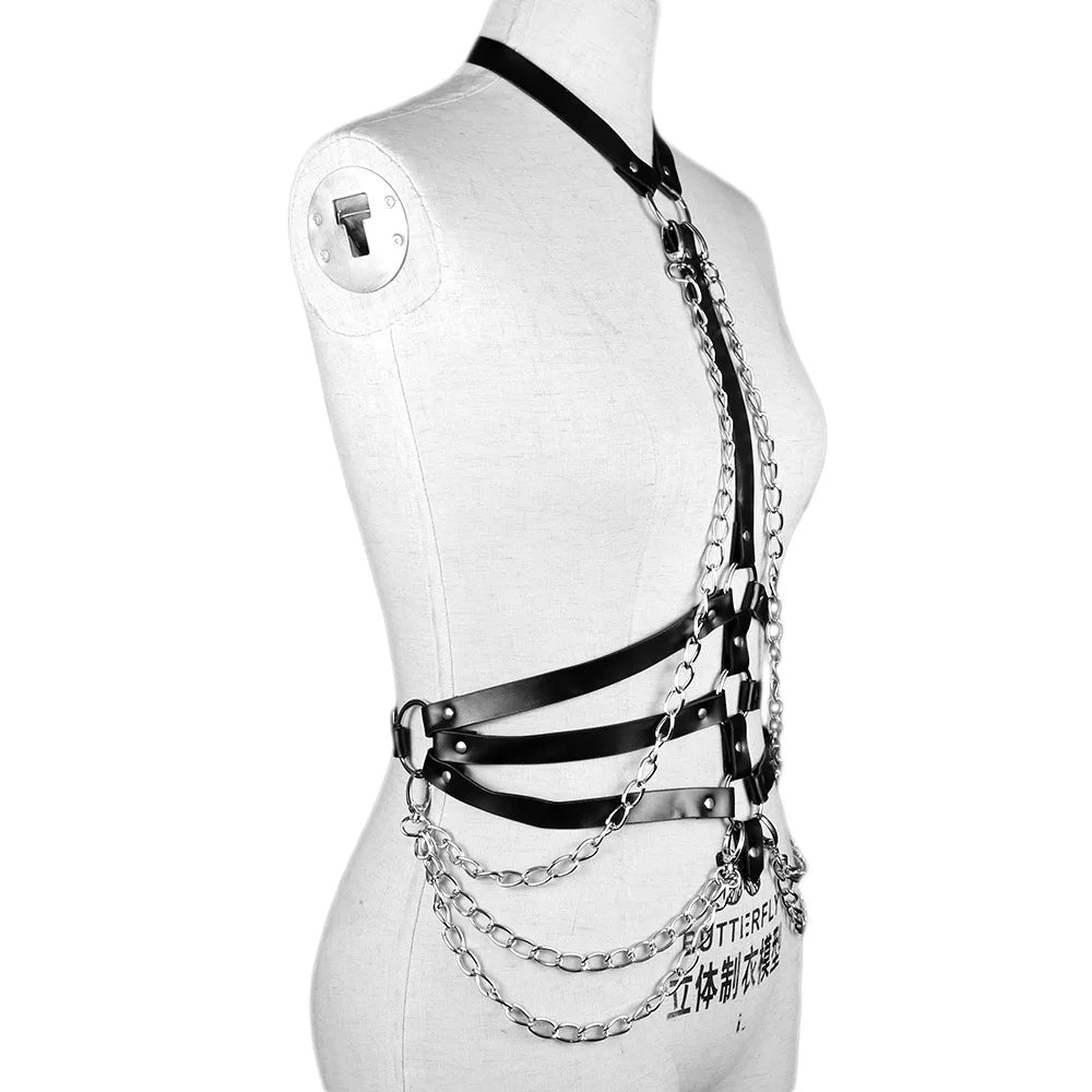 Bondage Flirt Toys Leather Clothes Shiny Leather New Metal Chain Stage Performance Clothes Erotic Supplies BDSM