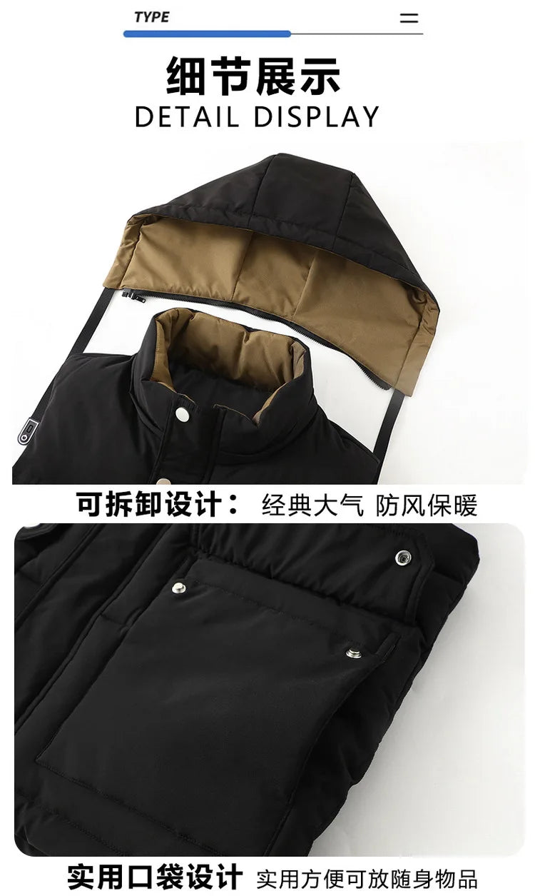 2024 Autumn Winter Men Thicken Cotton Waistcoat Sleeveless Vests Jackets Warm Detachable Hat Outerwear Male Zipper Hooded Coats