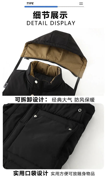 2024 Autumn Winter Men Thicken Cotton Waistcoat Sleeveless Vests Jackets Warm Detachable Hat Outerwear Male Zipper Hooded Coats