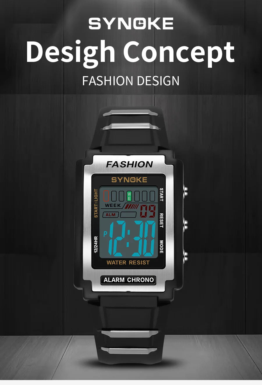 SYNOKE Men Rectangular Sports Electronic Watch Waterproof 50M Night Light Large Screen Alarm Clock Trend Retro Style