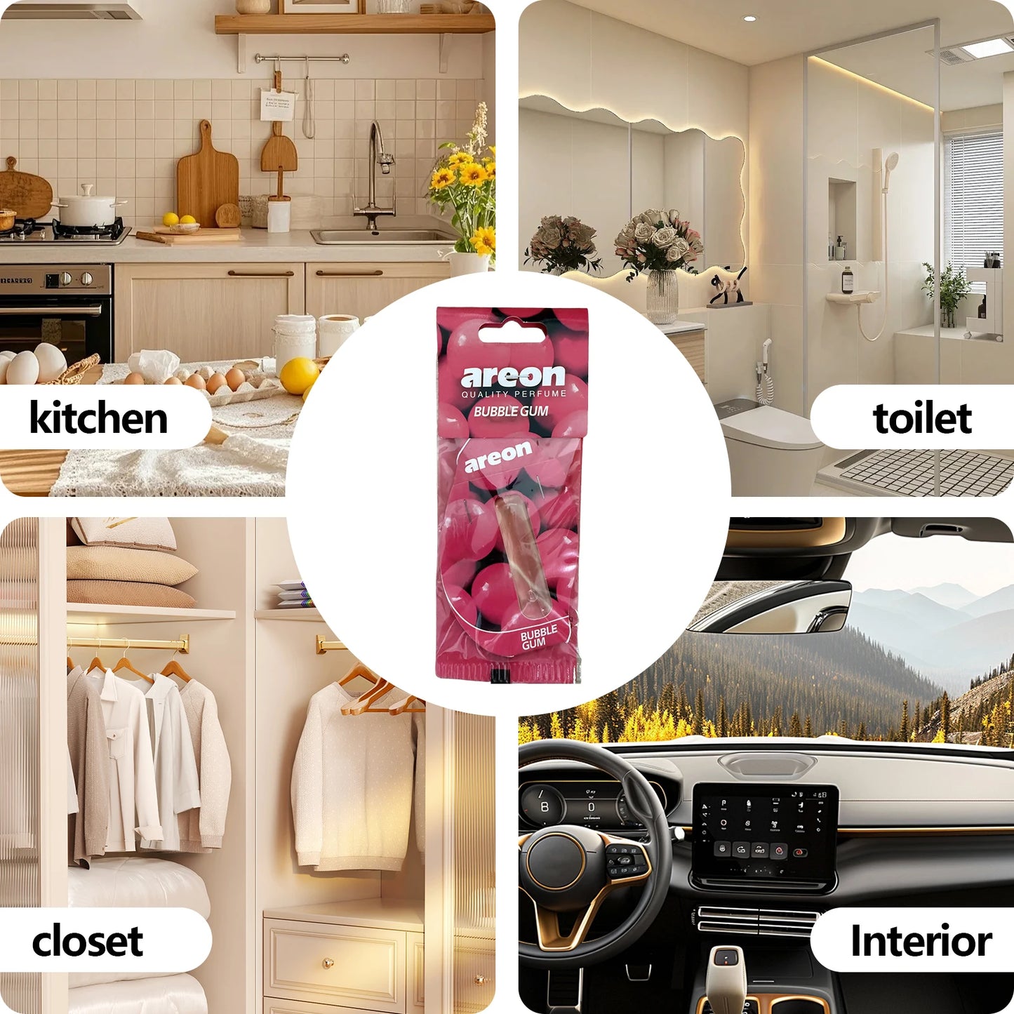 Areon 5/20pcs BUBBLE GUM Scent Car Air Freshener, Natural Tea-Scented Paper, Car-Mounted Hanging Type, Car Interior Accessories