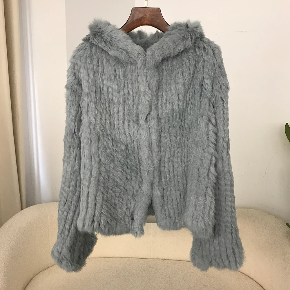 2024 Short Rabbit Fur Coat for Women Autumn Winter New Encrypted Thickened Handmade Double-sided Woven Hooded Korean Style