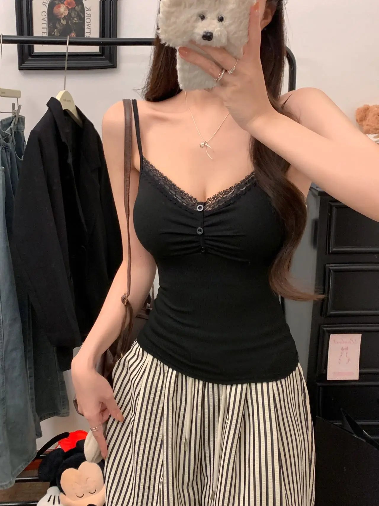 Pure Desire Sexy Lace Splice Strap Vest Women's Inner Wear Slimming Matching Top Trendy Tube Top Cotton Blend Elastic Fiber