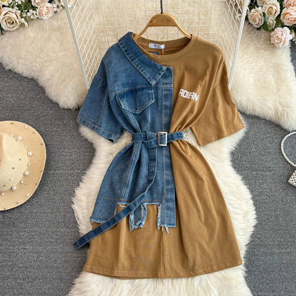 Retro Hong Kong Sle Chic Casual Mid-Length round Ne Patchwork Color Denim irt with Belt Spring New Women's Faion Top