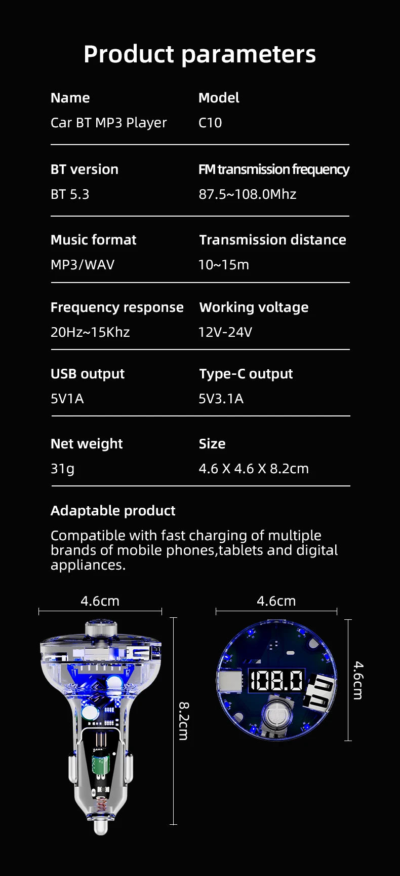 Transparent Car Bluetooth 5.4 FM Transmitter Handsfree Wireless Car Kit Colorful Light Car Charger Mp3 Player FM Modulator