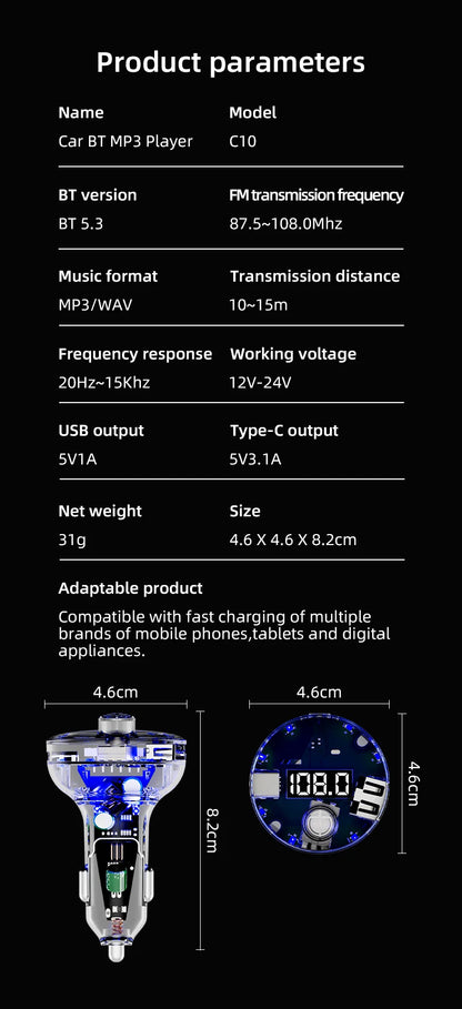 Transparent Car Bluetooth 5.4 FM Transmitter Handsfree Wireless Car Kit Colorful Light Car Charger Mp3 Player FM Modulator