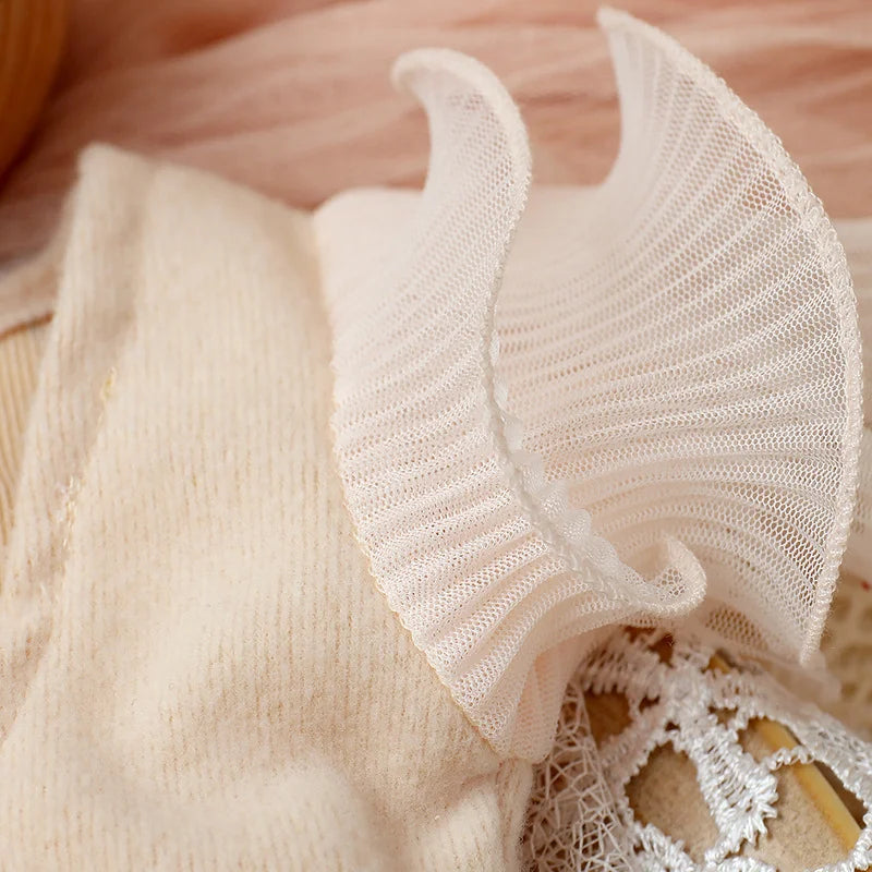 Ylsteed 2 Pieces Set Beige Newborn Photography Costume Lace Romper Bow Headband Set Baby Girl Photo Shooting Outfits