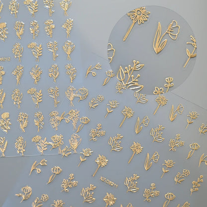 12Pcs 3D Gold Exquisite Flower Leaf Nail Art Stickers Metallic Floral Leaves Self-Adhesive Nail Decals DIY Retro Manicure Decor